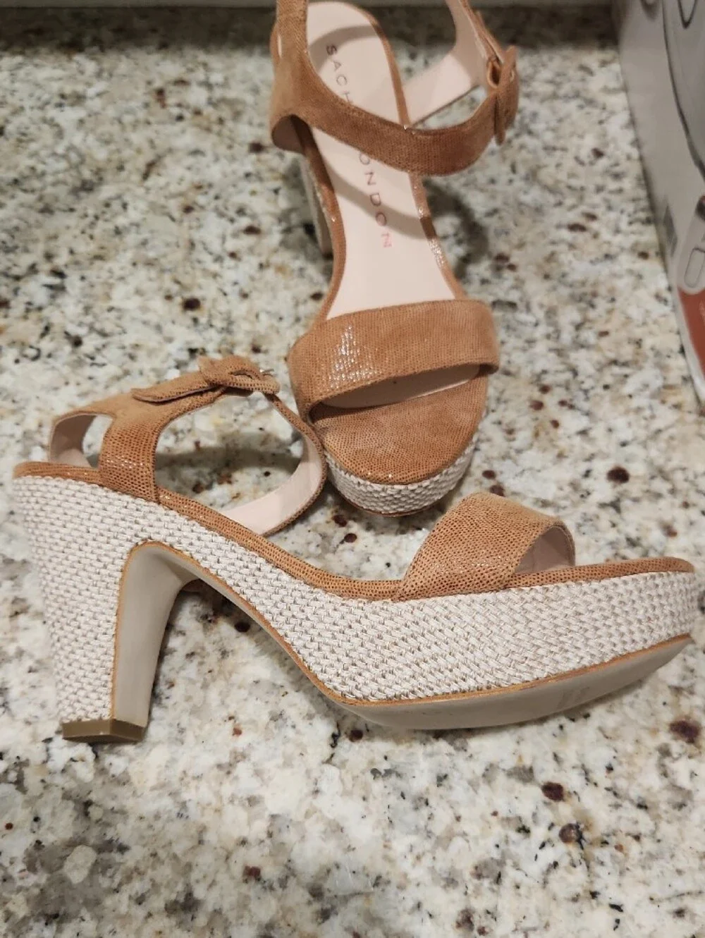 Sascha London Tan Suede Platform Ankle-Strap Heels